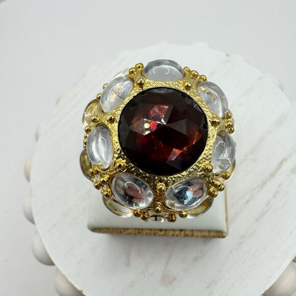 Huge Domed Cocktail Ring Faux Garnet With Clear Cabochons HSN QVC Size 6.5 - Picture 1 of 13